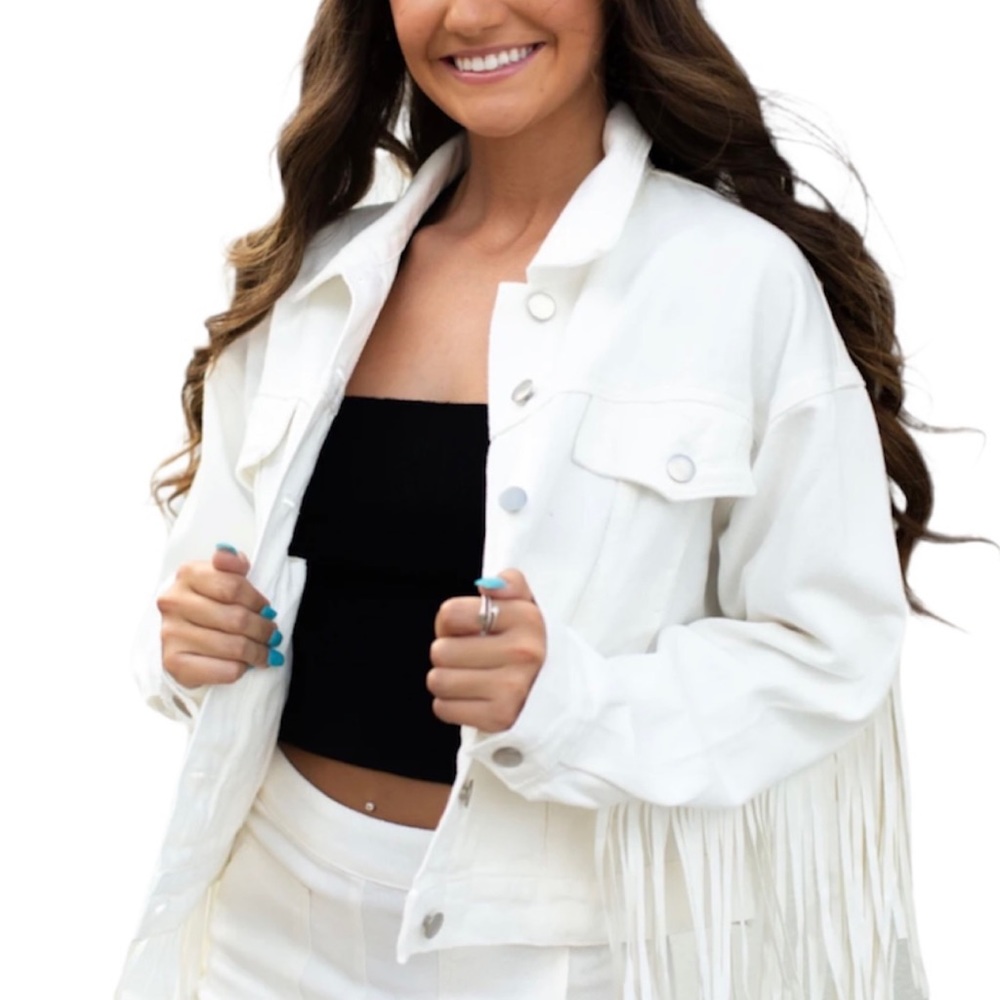 Le Lis White‎ Cowgirl Style Faux Leather Cotton Fringe Denim Jean Jacket Small